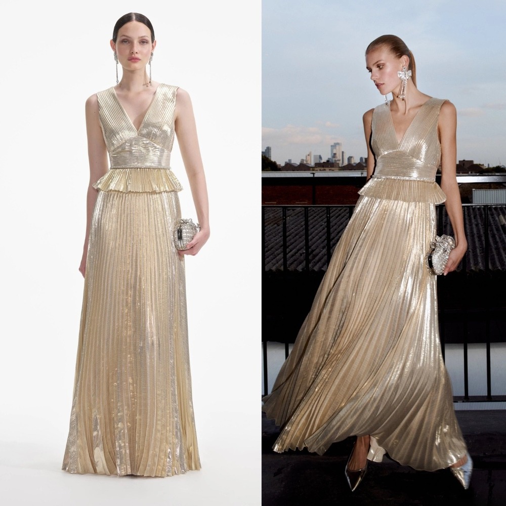 NWT Self-Portrait Sleeveless Gold Metallic V-Neck‎ Maxi Dress $585 - Size US 2